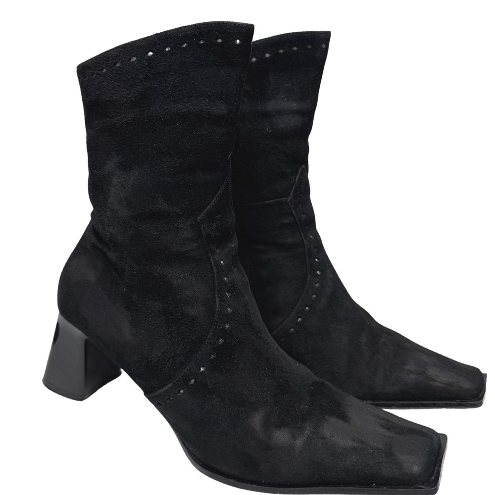Vintage‎ Italian Black Suede Square Toe Block Heel Ankle Boots